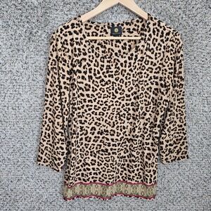 JM Collection Top Womens Medium Brown Jacquard Textured Scoop Neck Blouse Ladies